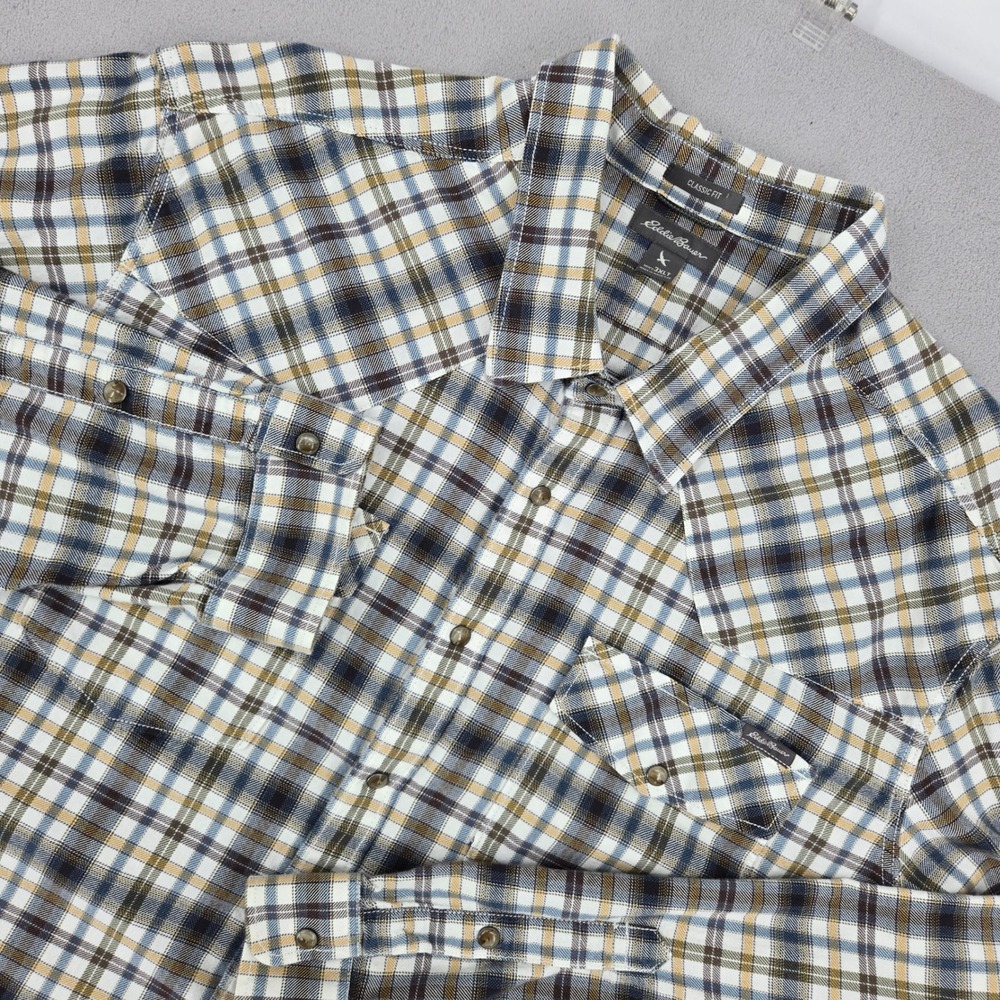 Eddie Bauer 3XLT‎ Plaid Button Down Shirt Mens Classic Fit Western Yoke Blue Tan